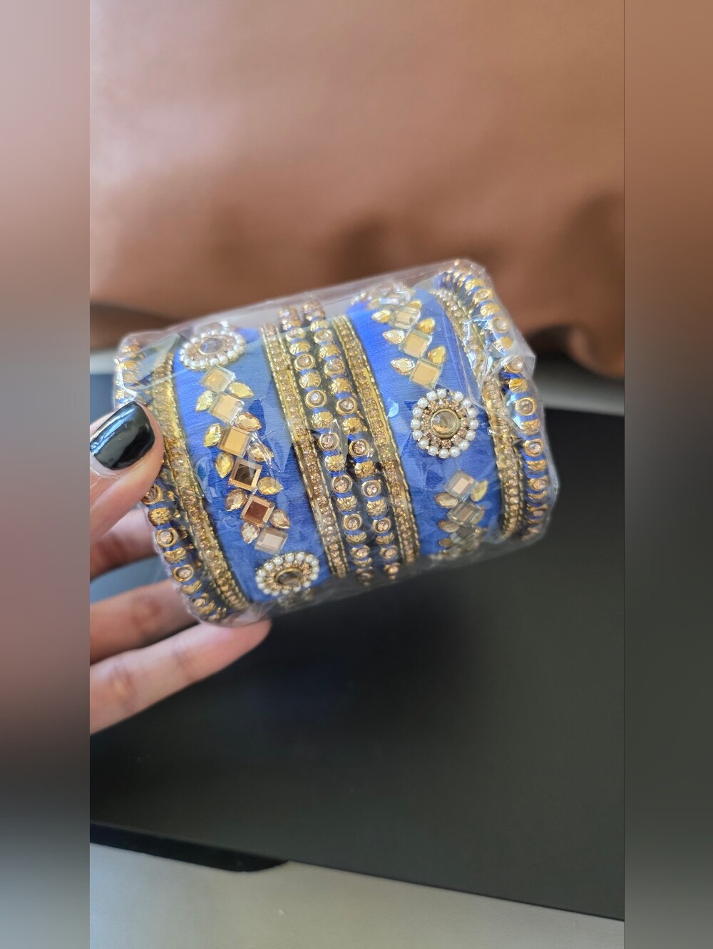 Blue Thread Mirror Work Bangle Set Size 2.8 | Indian Wedding Festive Jewelry - Picture 6 of 6